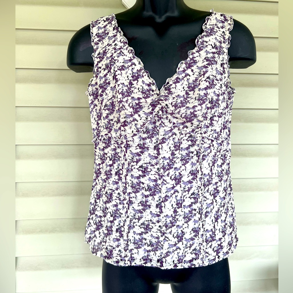Ann Taylor Tank Top Sz 8 100% Silk Purple Lined Floral Ruffled Nwt